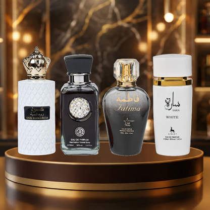 Set 4 Parfumuri Arabesti (2x Barbat + 2x Dama) 100ML - Oud Romancia + Crystal Black + Fatima Black + Sara White