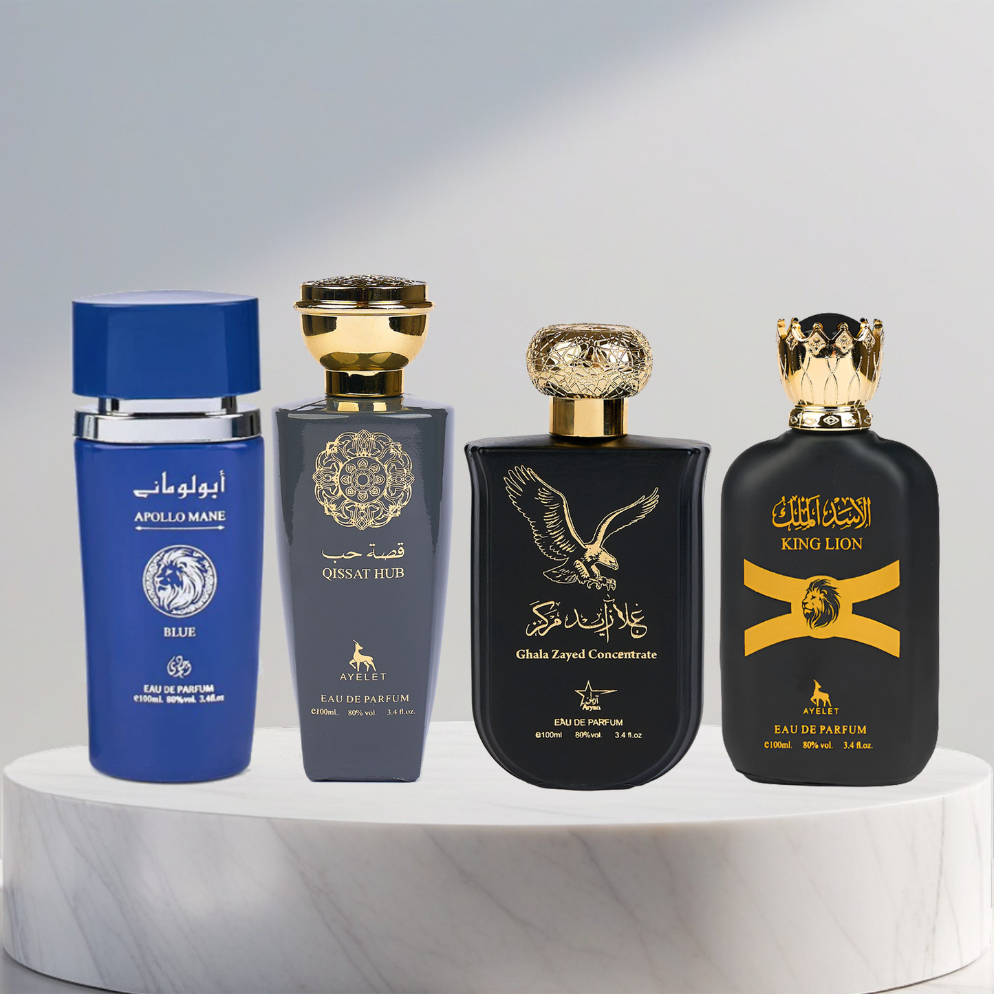 Set 4 Parfumuri Arabesti De Barbati 100ML - Apollo Mane Blue + Qissat Hub Grey + King Lion + Ghala Zayed