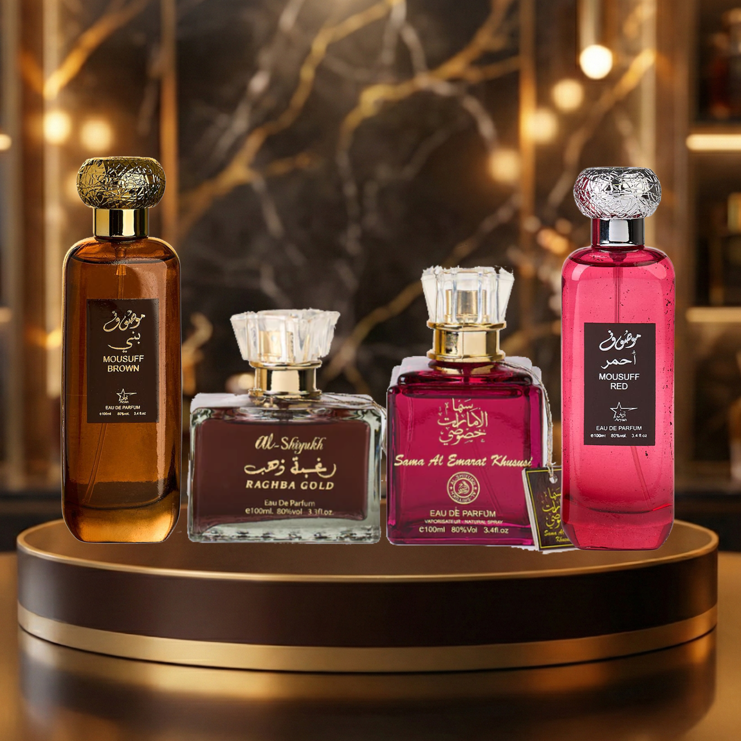 Set 4 Parfumuri Arabesti (2x Barbat + 2x Dama) 100ML - Mousuff Brown + Raghba Gold + Sama Al Emarat Khususi + Mousuff Red