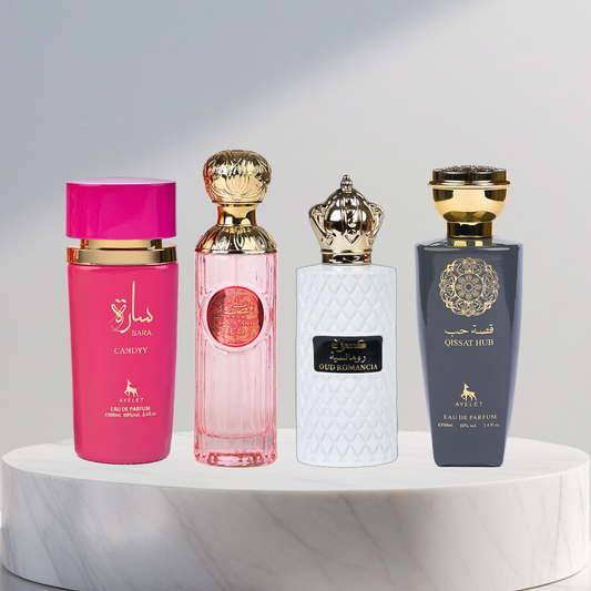 Set 4 Parfumuri Arabesti (2x Barbat + 2x Dama) - Qissat Hub Grey + Oud Romancia + Sara Candy + Attar Gissah Red