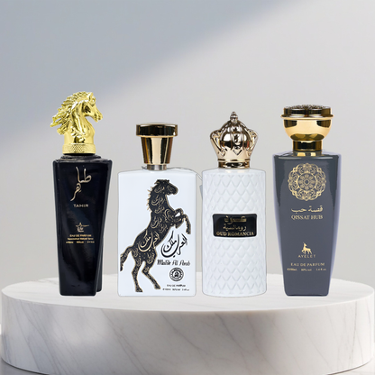 Set 4 Parfumuri Arabesti De Barbati 100ML - Tahir + Oud Romancia + Malik Al Arab + Qissat Hub Grey