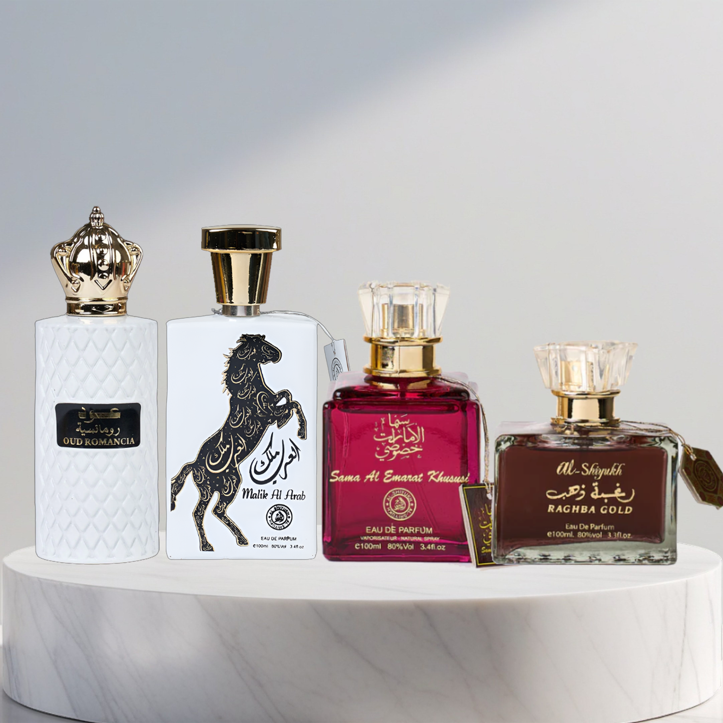 Set 4 Parfumuri Arabesti (2x Barbat + 2x Dama) - Oud Romancia + Malik Al Arab + Raghba Gold + Sama Al Emarat Khususi