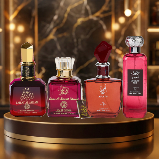 Set 4 Parfumuri Arabesti De Femei 100ML - Lailat Al Ahlam + Sama Al Emarat Khususi + Anaya + Mousuff Red