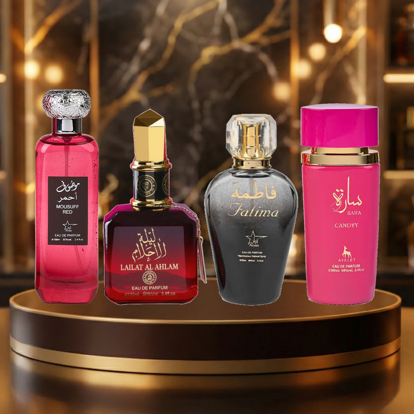 Set 4 Parfumuri Arabesti De Femei 100ML - Mousuff Red + Lailat Al Ahlam + Fatima Black + Sara Candy