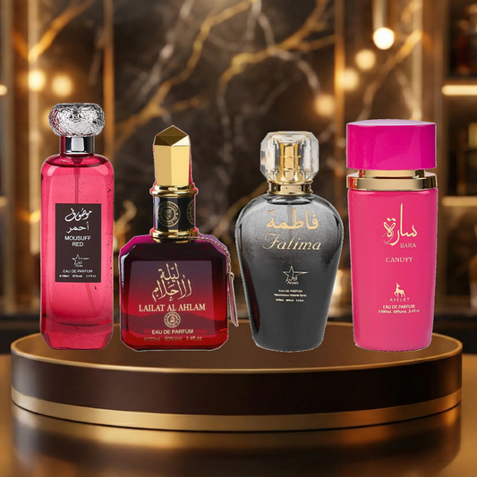 Set 4 Parfumuri Arabesti De Femei 100ML - Mousuff Red + Lailat Al Ahlam + Fatima Black + Sara Candy