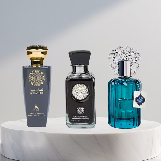 Set 3 Parfumuri Arabesti De Barbati 100ML - Qissat Hub Grey + Crystal Black + Majd Al Emarat