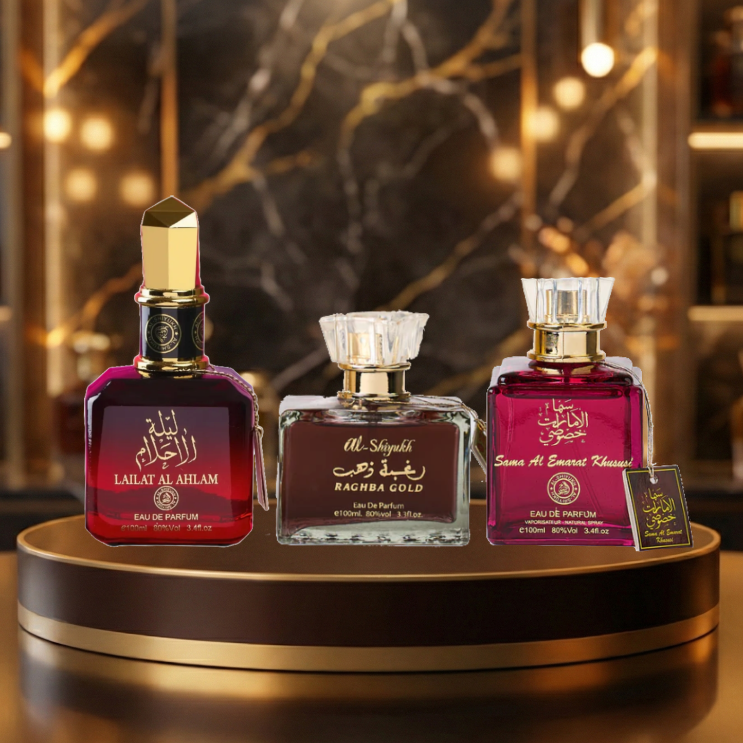Set 3 Parfumuri Arabesti De Femei 100ML - Lailat Al Ahlam + Raghba Gold + Sama Al Emarat Khususi