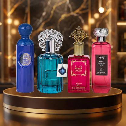 Set 4 Parfumuri Arabesti (2x Barbat + 2x Dama) 100ML - Attar Gissah Blue + Majd Al Emarat + Lamast + Mousuff red