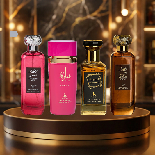 Set 4 Parfumuri Arabesti (2x Barbat + 2x Dama) 100ML - Mousuff Red + Sara Candy + Al Hamra + Mousuff Brown