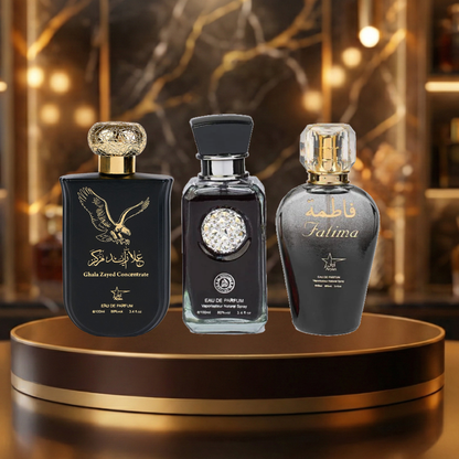 Set 3 Parfumuri Arabesti (2x Barbat + 1x Dama) 100ML - Ghala Zayed + Crystal Black + Fatima Black