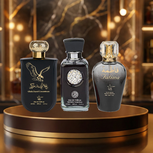 Set 3 Parfumuri Arabesti (2x Barbat + 1x Dama) 100ML - Ghala Zayed + Crystal Black + Fatima Black