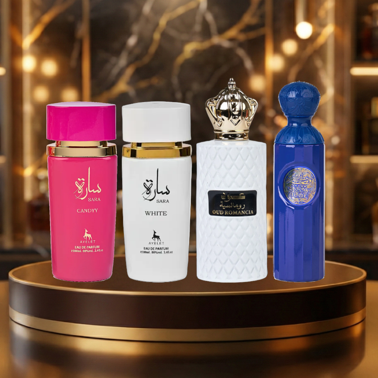 Set 4 Parfumuri Arabesti (2x Barbat + 2x Dama) 100ML - Attar Gissah Blue + Oud Romancia + Sara Candy + Sara White