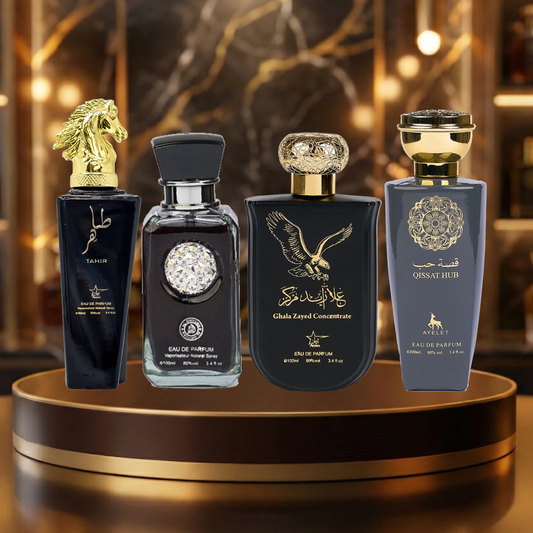 Set 4 Parfumuri Arabesti De Barbati 100ML - Tahir + Qissat Hub Grey + Ghala Zayed + Crystal Black