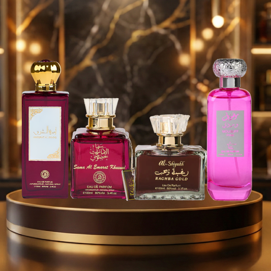 Set 4 Parfumuri Arabesti De Femei 100ML - Ameerat Al Sharq + Sama Al Emarat Khususi + Raghba Gold + Mousuff Pink