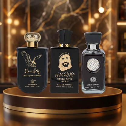 Set 3 Parfumuri Arabesti De Barbati 100ML - Ghala Zayed + Sheikh Zayed Gold + Crystal Black