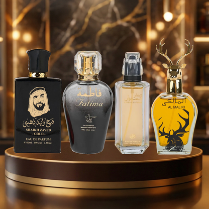 Set 4 Parfumuri Arabesti (2x Barbat + 2x Dama) 100ML - Sheikh Zayed Gold + Fatima Black + Attar Al Safwaan + Al Maliki