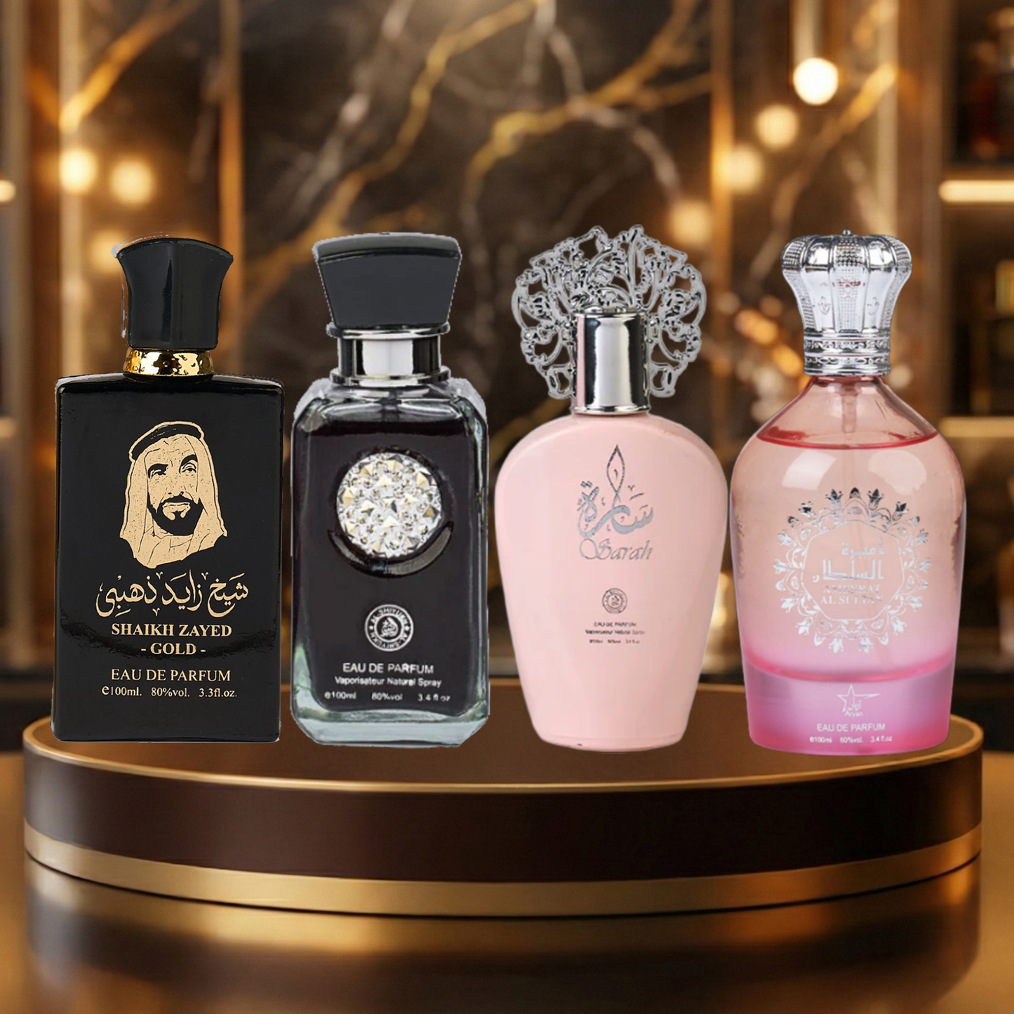 Set 4 Parfumuri Arabesti (2x Barbat + 2x Dama) 100ML - Sheikh Zayed Gold + Crystal Black + Sarah + Amerat Al Sultan