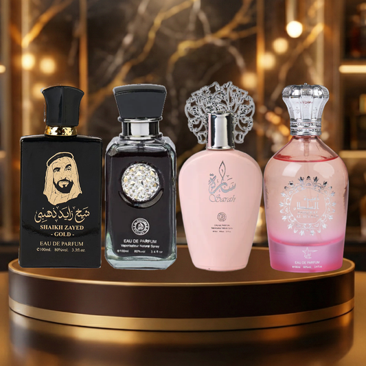 Set 4 Parfumuri Arabesti (2x Barbat + 2x Dama) 100ML - Sheikh Zayed Gold + Crystal Black + Sarah + Amerat Al Sultan