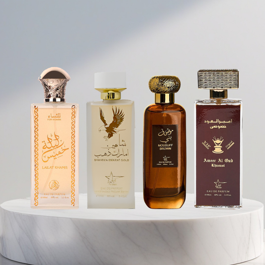 Set 4 Parfumuri Arabesti (2x Barbat + 2x Dama) - Shaheen Emarat + Lailat Al Khamise + Ameer Al Oud Khususi + Mousuff Brown
